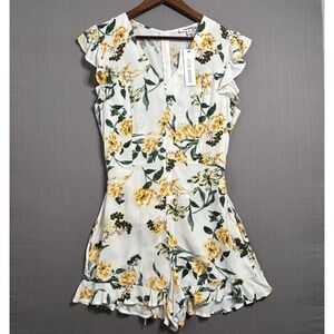 Steve Madden Floral Romper Womens M Yellow White Flutter Sleeve Cottagecore